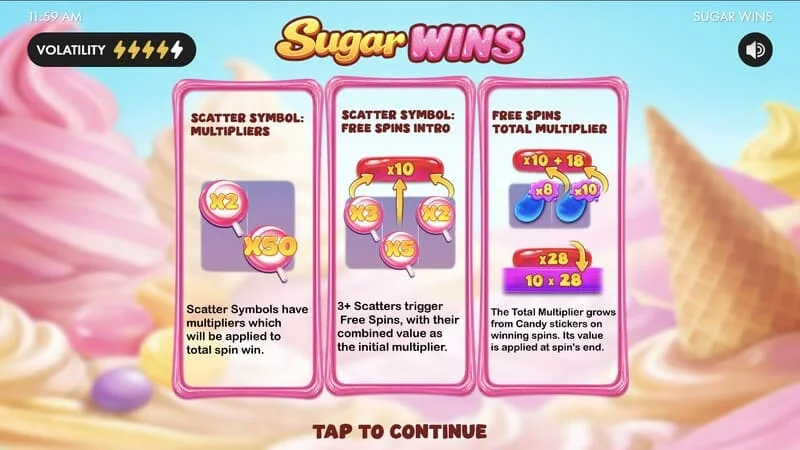 Sugar Wins - glavni meni igralnega avtomata